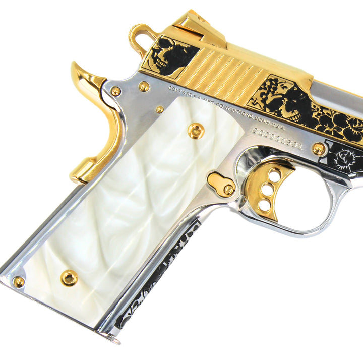 COLT 1911, 45ACP Competition, Skulls & Flowers Design with 24K Gold Plated Slide & Accents