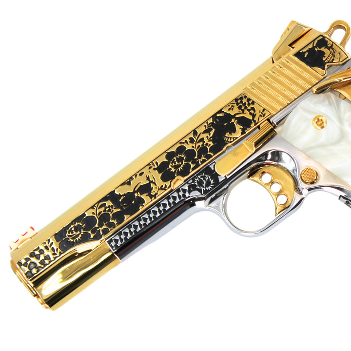 COLT 1911, 45ACP Competition, Skulls & Flowers Design with 24K Gold Plated Slide & Accents
