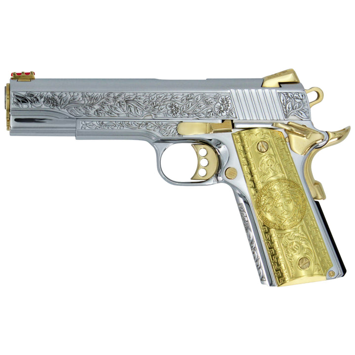 1911 COLT .45 ACP,  Competition, Flower & Leaf Design, 24 karat Gold Guns, Italian Renaissance, High Polished White Chrome, 24K Gold Plated Accents,  SKU: 4959234097254