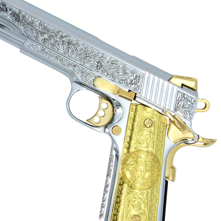 1911 COLT .45 ACP,  Competition, Flower & Leaf Design, 24 karat Gold Guns, Italian Renaissance, High Polished White Chrome, 24K Gold Plated Accents,  SKU: 4959234097254