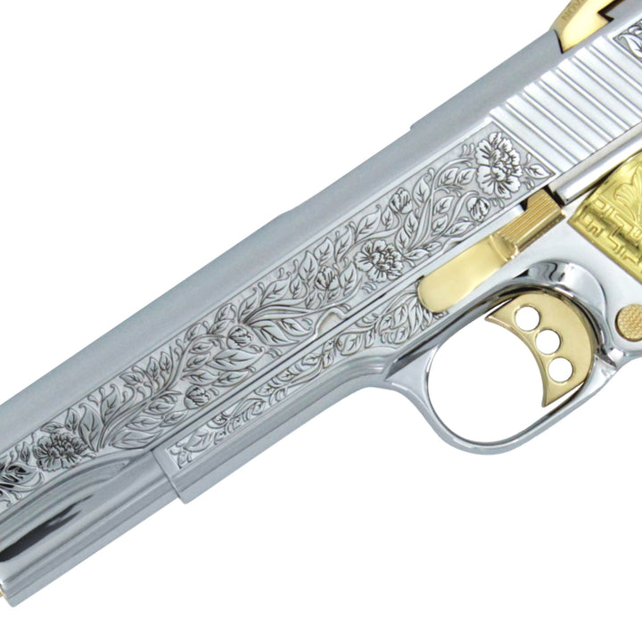 1911 COLT .45 ACP,  Competition, Flower & Leaf Design, 24 karat Gold Guns, Italian Renaissance, High Polished White Chrome, 24K Gold Plated Accents,  SKU: 4959234097254