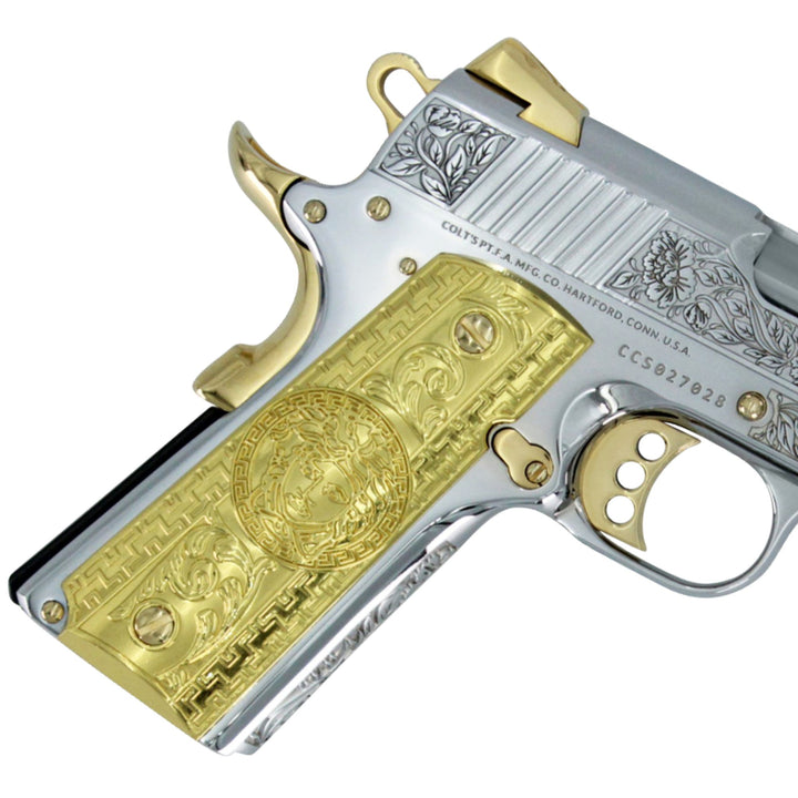 1911 COLT .45 ACP,  Competition, Flower & Leaf Design, 24 karat Gold Guns, Italian Renaissance, High Polished White Chrome, 24K Gold Plated Accents,  SKU: 4959234097254