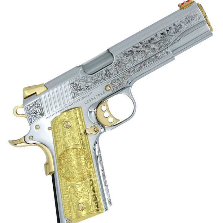 1911 COLT .45 ACP,  Competition, Flower & Leaf Design, 24 karat Gold Guns, Italian Renaissance, High Polished White Chrome, 24K Gold Plated Accents,  SKU: 4959234097254