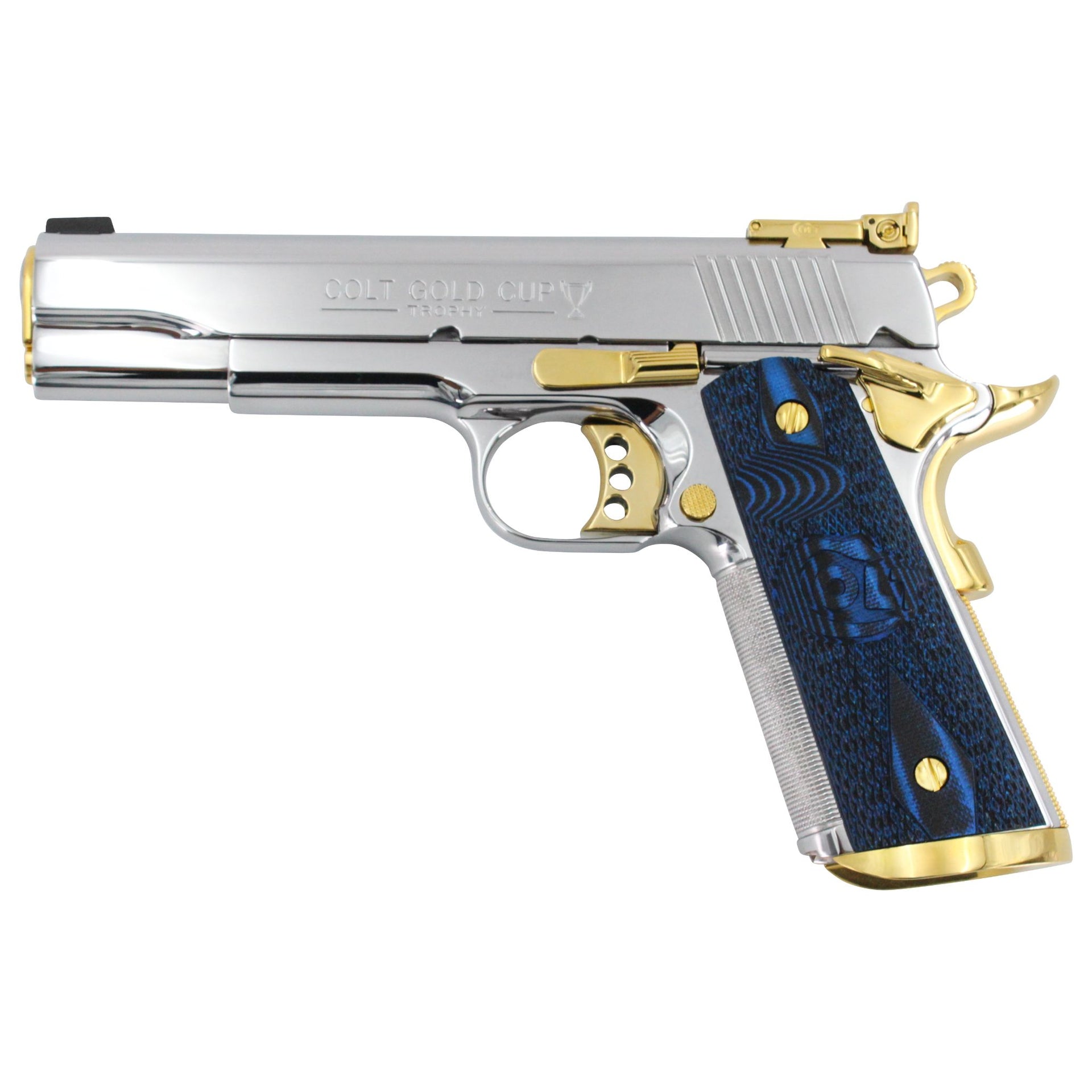 Colt Gold Cup Trophy .38 Super, Mirror Polish Stainless Steel & 24K Gold, SKU: 4866759262310, 24 karat gold gun, 24 Karat Gold Firearm