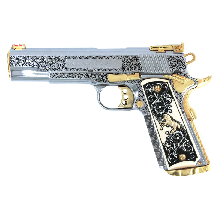 Colt 1911, 45ACP, Gold Cup Trophy, Woven Scroll, High Polish Stainless Steel & 24K Gold Accents, SKU: 6832652714086, 24 karat gold gun