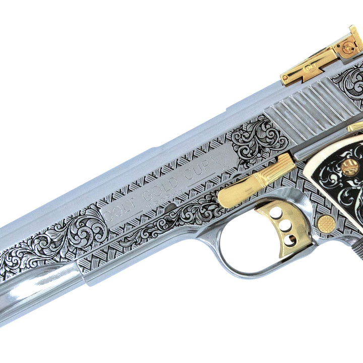 Colt 1911, 45ACP, Gold Cup Trophy, Woven Scroll, High Polish Stainless Steel & 24K Gold Accents, SKU: 6832652714086, 24 karat gold gun