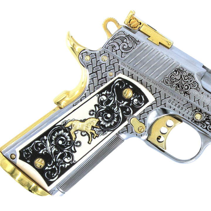 Colt 1911, 45ACP, Gold Cup Trophy, Woven Scroll, High Polish Stainless Steel & 24K Gold Accents, SKU: 6832652714086, 24 karat gold gun