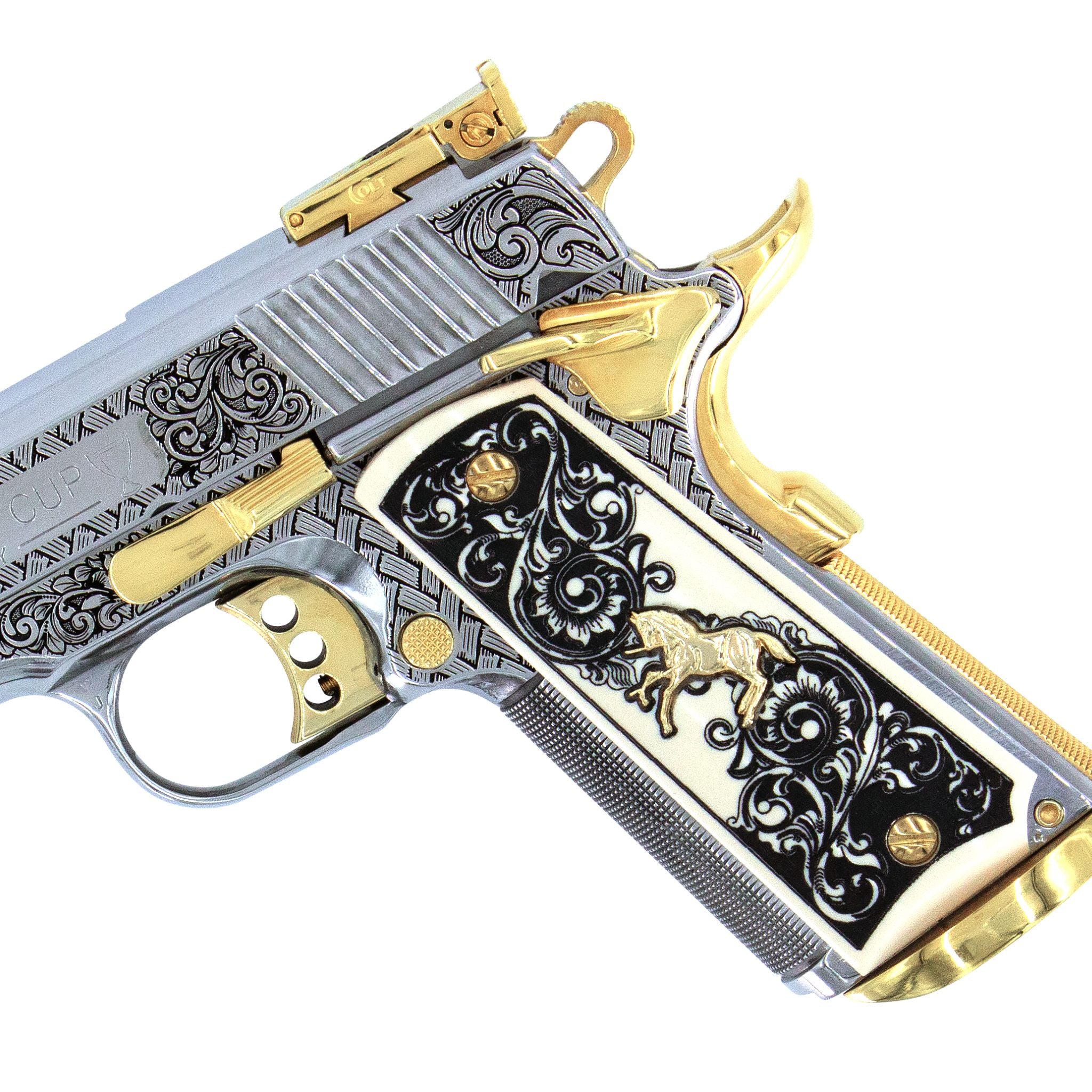 Colt 1911, 45ACP, Gold Cup Trophy, Woven Scroll, High Polish Stainless Steel & 24K Gold Accents, SKU: 6832652714086, 24 karat gold gun