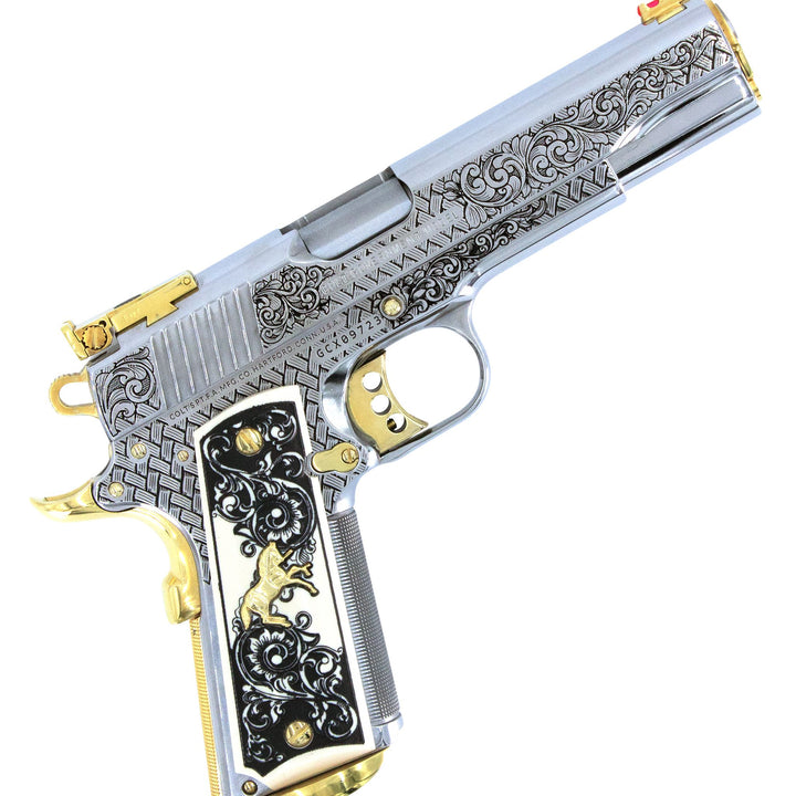 Colt 1911, 45ACP, Gold Cup Trophy, Woven Scroll, High Polish Stainless Steel & 24K Gold Accents, SKU: 6832652714086, 24 karat gold gun