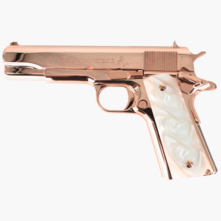 Colt 1911 Government, 45ACP, 18 karat Rose Gold Plated, Hogue White Pearlized Grips, 4874873176166, rose gold pistols, rose gold guns