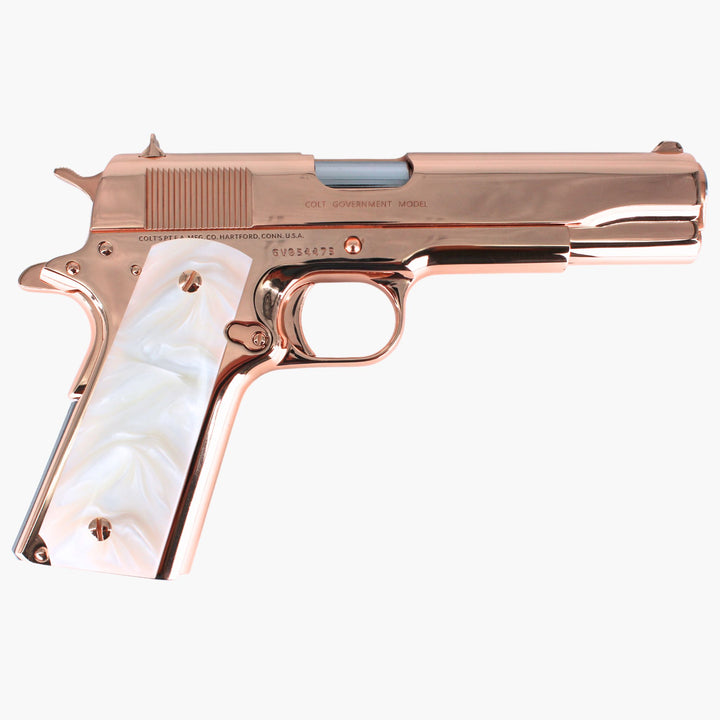 Colt 1911 Government, 45ACP, 18 karat Rose Gold Plated, Hogue White Pearlized Grips, 4874873176166, rose gold pistols, rose gold guns