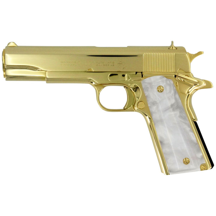 Colt 1911 Government, 45ACP, 24K All Gold Plated, Hogue White Pearlized Grips, SKU: 4836904861798, 098289112187