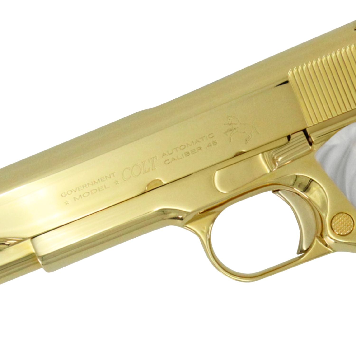 Colt 1911 Government, 45ACP, 24K All Gold Plated, Hogue White Pearlized Grips, SKU: 4836904861798, 098289112187