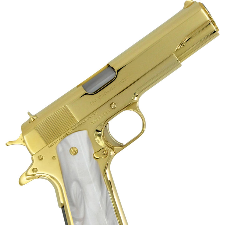 Colt 1911 Government, 45ACP, 24K All Gold Plated, Hogue White Pearlized Grips, SKU: 4836904861798, 098289112187