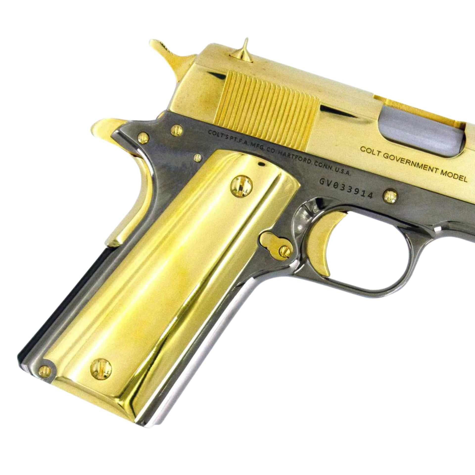 Colt 1911 Government, 45ACP, 24K Gold Plated Slide & Accents with a Black Chrome Mirror Finish, SKU: 4850958237798, 24 karat gold gun, 24 Karat Gold Firearm