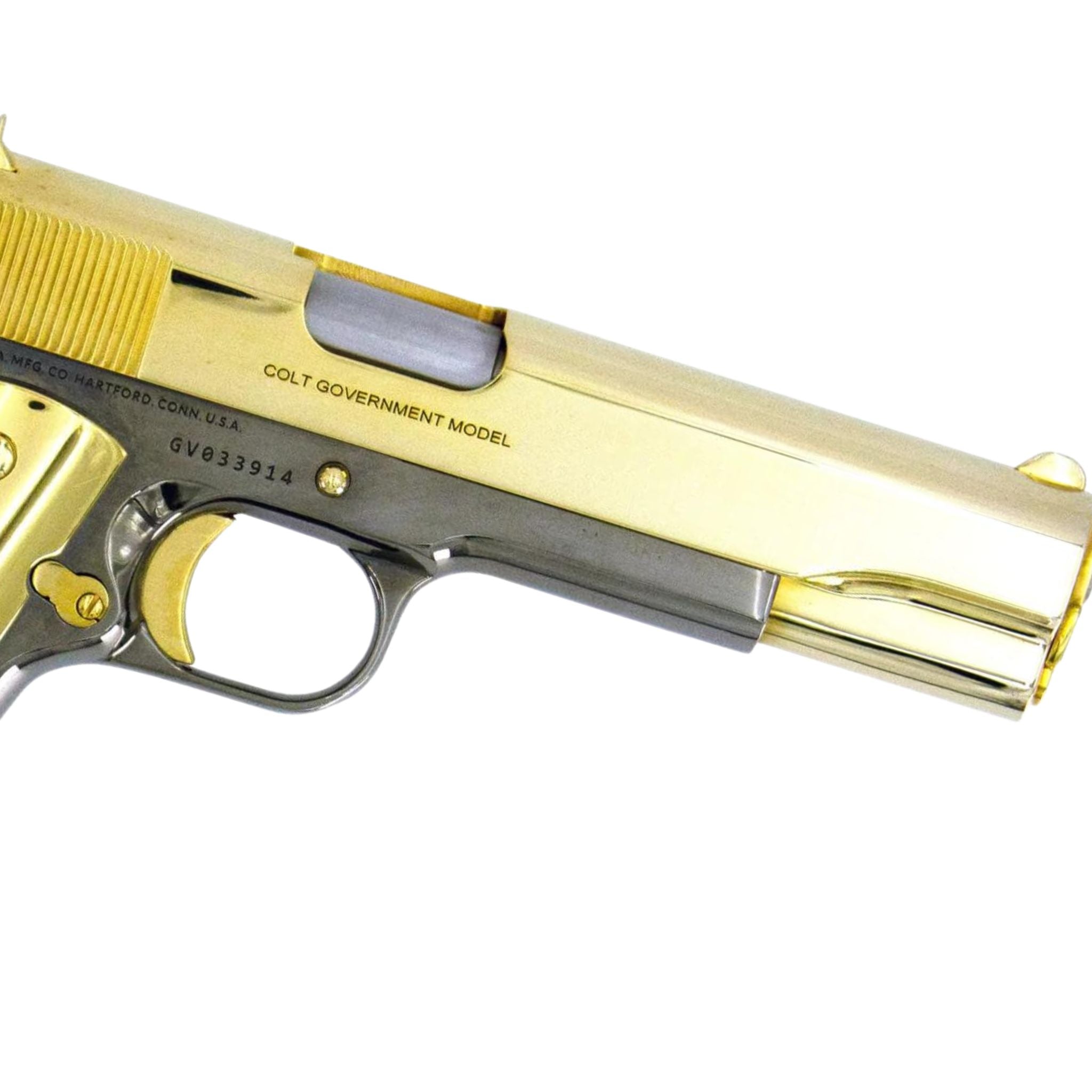 Colt 1911 Government, 45ACP, 24K Gold Plated Slide & Accents with a Black Chrome Mirror Finish, SKU: 4850958237798, 24 karat gold gun, 24 Karat Gold Firearm