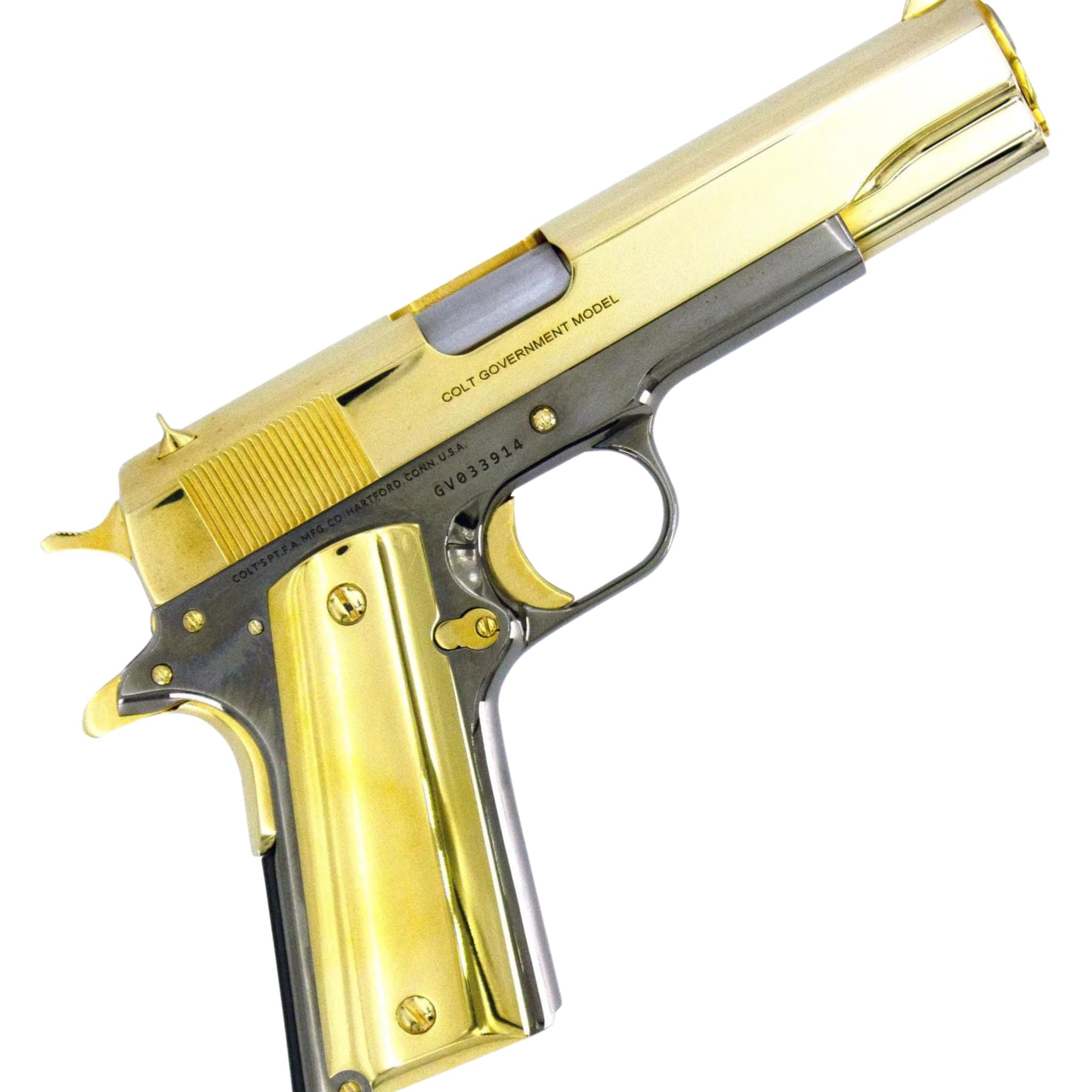 Colt 1911 Government, 45ACP, 24K Gold Plated Slide & Accents with a Black Chrome Mirror Finish, SKU: 4850958237798, 24 karat gold gun, 24 Karat Gold Firearm
