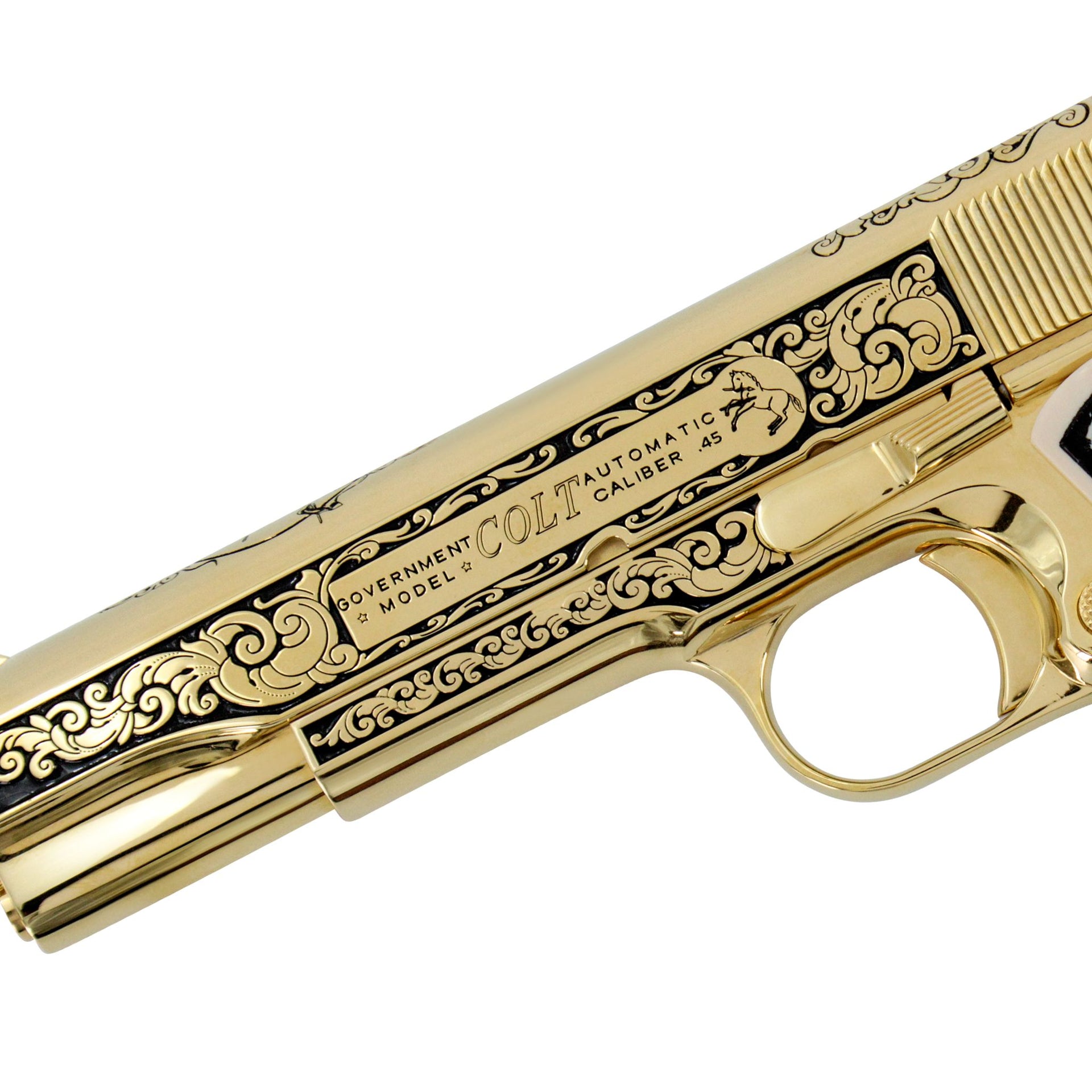 Colt 1911 Government, 45ACP, Elite Scroll Design, 24 karat Gold Plated, Engraved White Polymer Ivory Grips, 6617444089958, 24 karat Gold Gun