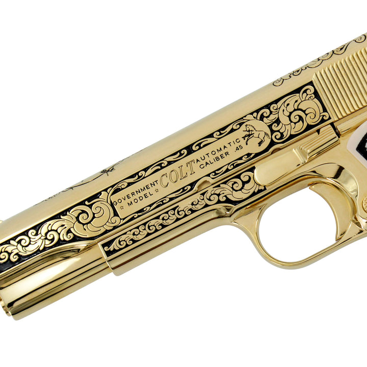 Colt 1911 Government, 45ACP, Elite Scroll Design, 24 karat Gold Plated, Engraved White Polymer Ivory Grips, 6617444089958, 24 karat Gold Gun