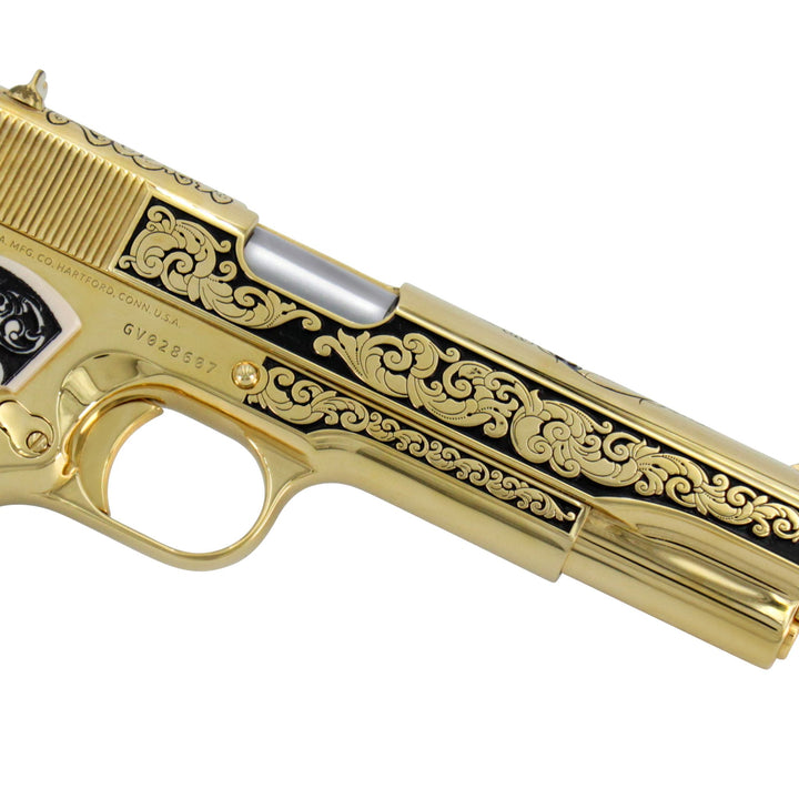 Colt 1911 Government, 45ACP, Elite Scroll Design, 24 karat Gold Plated, Engraved White Polymer Ivory Grips, 6617444089958, 24 karat Gold Gun