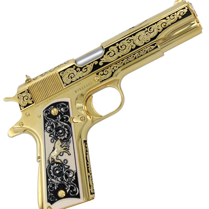 Colt 1911 Government, 45ACP, Elite Scroll Design, 24 karat Gold Plated, Engraved White Polymer Ivory Grips, 6617444089958, 24 karat Gold Gun