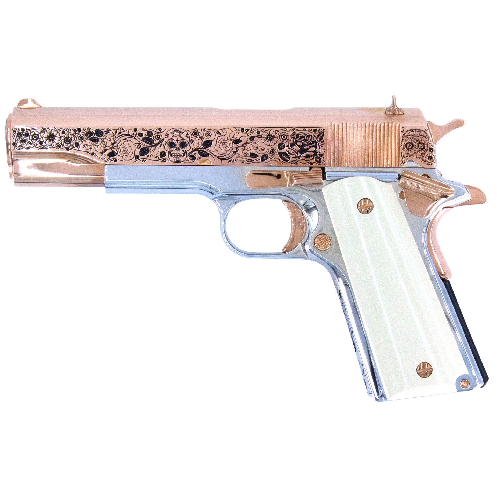 Colt 1911 Government, 38 Super, Dia De Los Muertos Design, 18K Rose Gold Slide & Accents, Chrome Finish Frame, SKU 4337752375398, CUSTOM GUNS, 18K Rose gold gun, Rose Gold gun