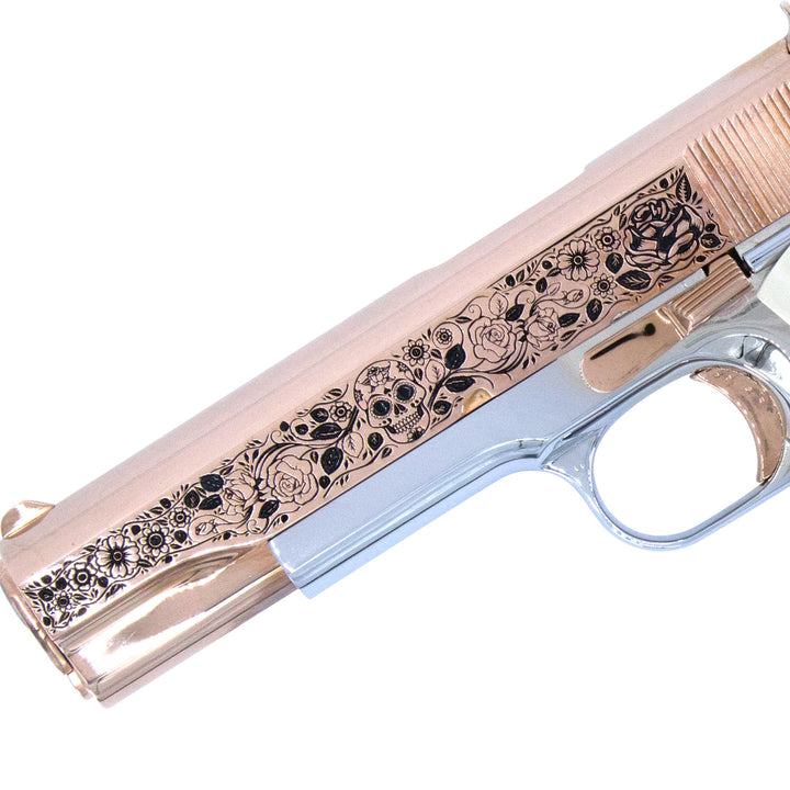 Colt 1911 Government, 38 Super, Dia De Los Muertos Design, 18K Rose Gold Slide & Accents, Chrome Finish Frame, SKU 4337752375398, CUSTOM GUNS, 18K Rose gold gun, Rose Gold gun