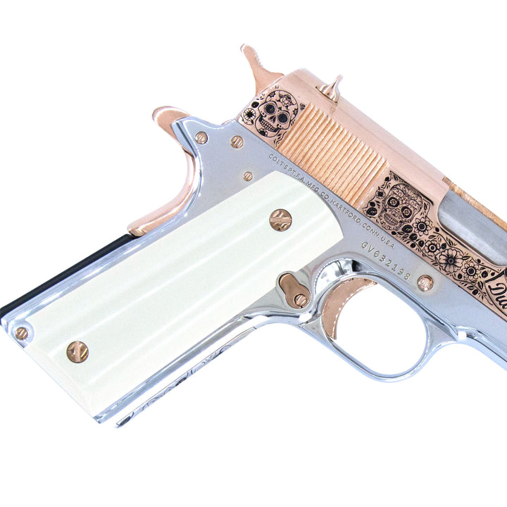 Colt 1911 Government, 45ACP, Dia De Los Muertos, 18K Rose Gold Slide, Chrome Finish Frame, SKU: 4853316485222, 18K Rose Gold gun, 18K Rose Gold Firearm
