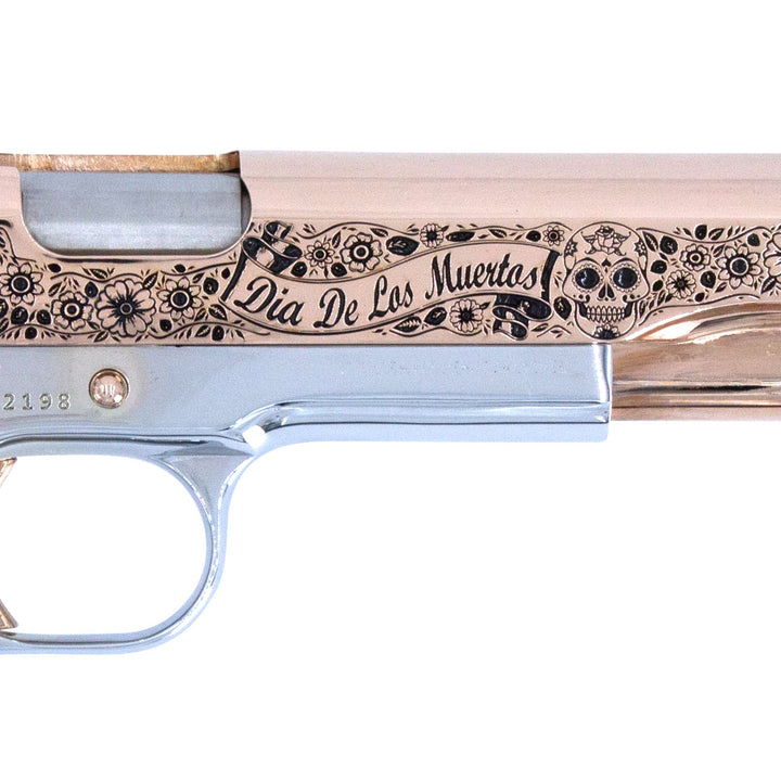 Colt 1911 Government, 38 Super, Dia De Los Muertos Design, 18K Rose Gold Slide & Accents, Chrome Finish Frame, SKU 4337752375398, CUSTOM GUNS, 18K Rose gold gun, Rose Gold gun