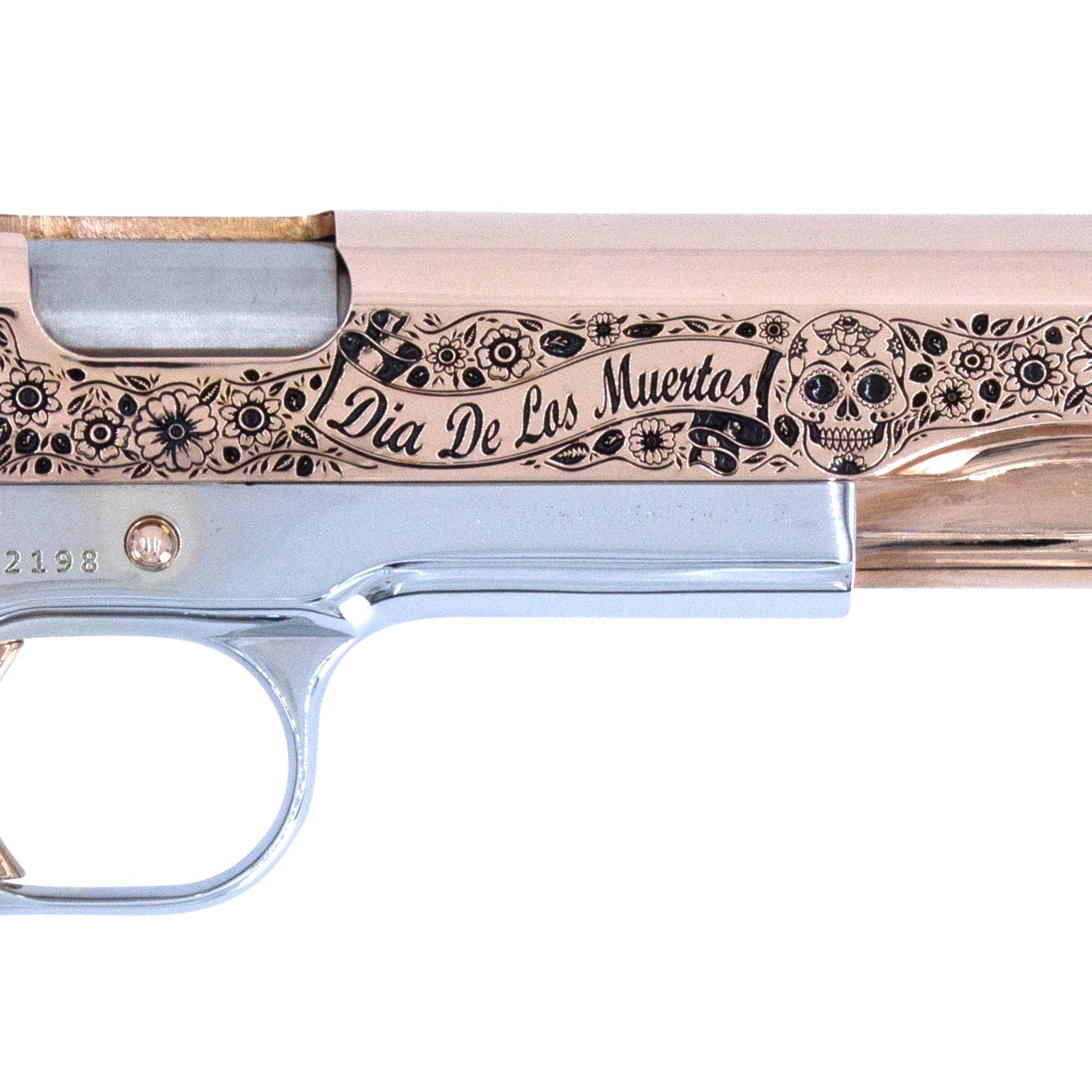 Colt 1911 Government, 45ACP, Dia De Los Muertos, 18K Rose Gold Slide, Chrome Finish Frame, SKU: 4853316485222, 18K Rose Gold gun, 18K Rose Gold Firearm