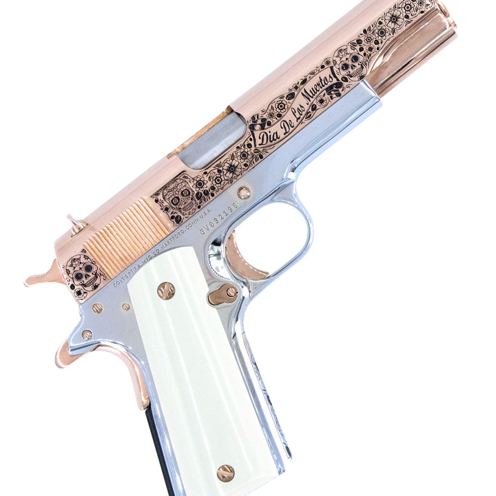 Colt 1911 Government, 38 Super, Dia De Los Muertos Design, 18K Rose Gold Slide & Accents, Chrome Finish Frame, SKU 4337752375398, CUSTOM GUNS, 18K Rose gold gun, Rose Gold gun