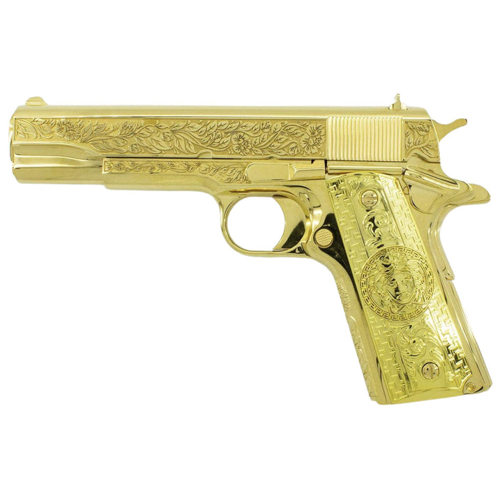 Colt 1911 Government, 38 Super, Italian Renaissance Design, 24K All Gold Plated, 4389348311142, 24K Gold Firearms. CUSTOM GUNS