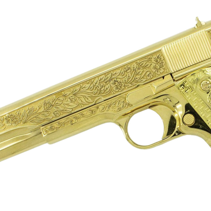 Colt 1911 Government, 38 Super, Italian Renaissance Design, 24K All Gold Plated, 4389348311142, 24K Gold Firearms. Custom firearm.