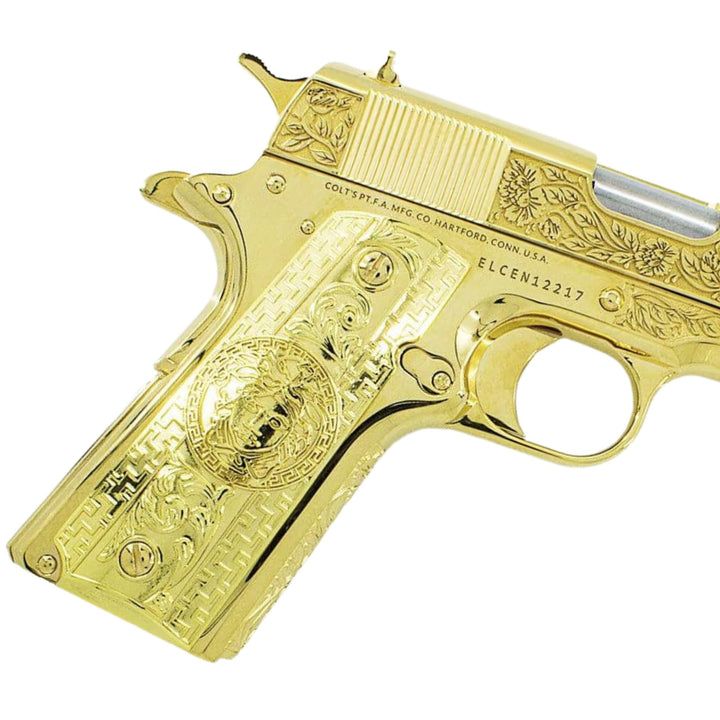 Colt 1911 Government, 38 Super, Italian Renaissance Design, 24K All Gold Plated, 4389348311142, 24K Gold Firearms. Custom gun.