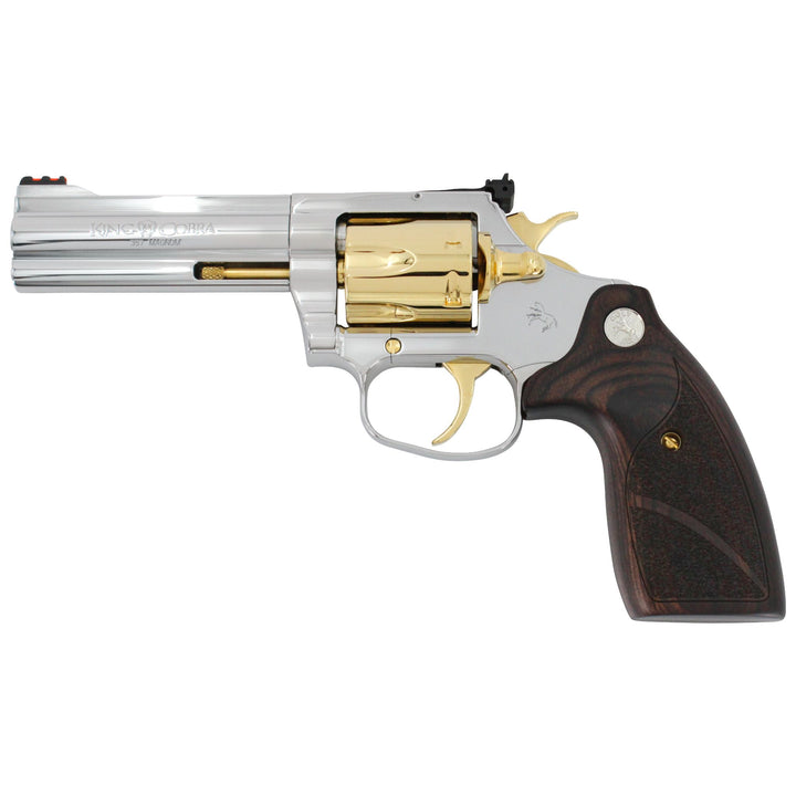 Colt King Cobra Target, 4", 357 Magnum High Polished Stainless Steel with 24 karat Gold Accents SKU: 4946750308454, Gold Gun, gold firearm