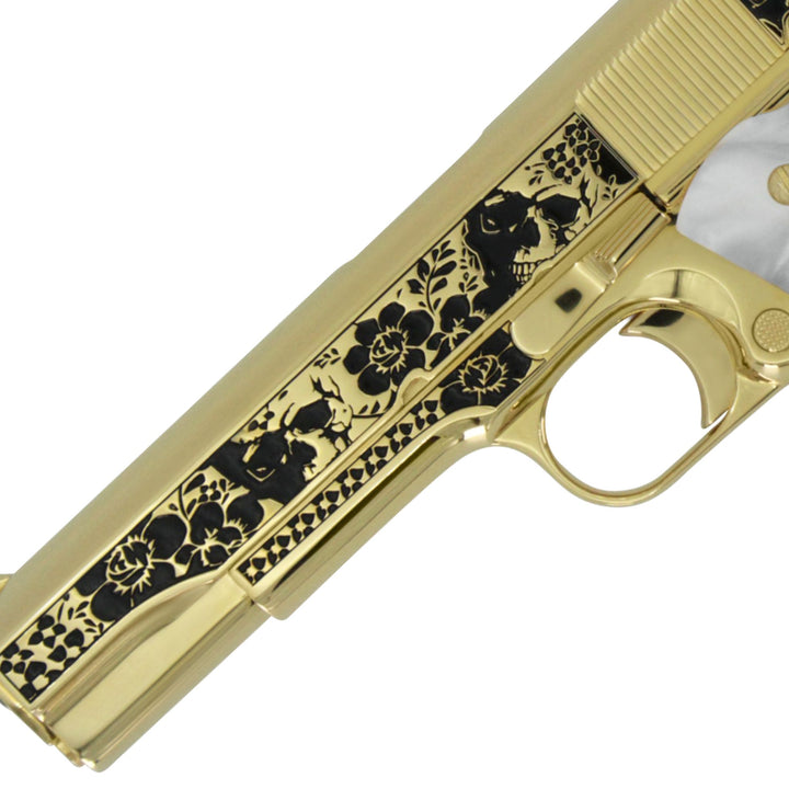 Colt 1911 Government, 45ACP, Memento Vivere, 24K All Gold Plated, Pearlized Polymer Grips, 24 karat Gold Guns,4355355869286,  098289112187