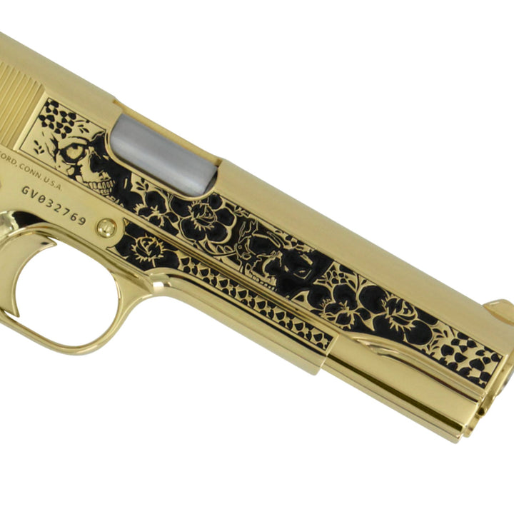 Colt 1911 Government, 45ACP, Memento Vivere, 24K All Gold Plated, Pearlized Polymer Grips, 24 karat Gold Guns,4355355869286,  098289112187