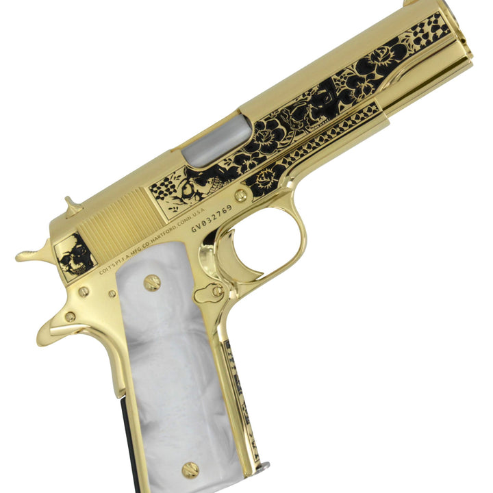 Colt 1911 Government, 45ACP, Memento Vivere, 24K All Gold Plated, Pearlized Polymer Grips, 24 karat Gold Guns,4355355869286,  098289112187