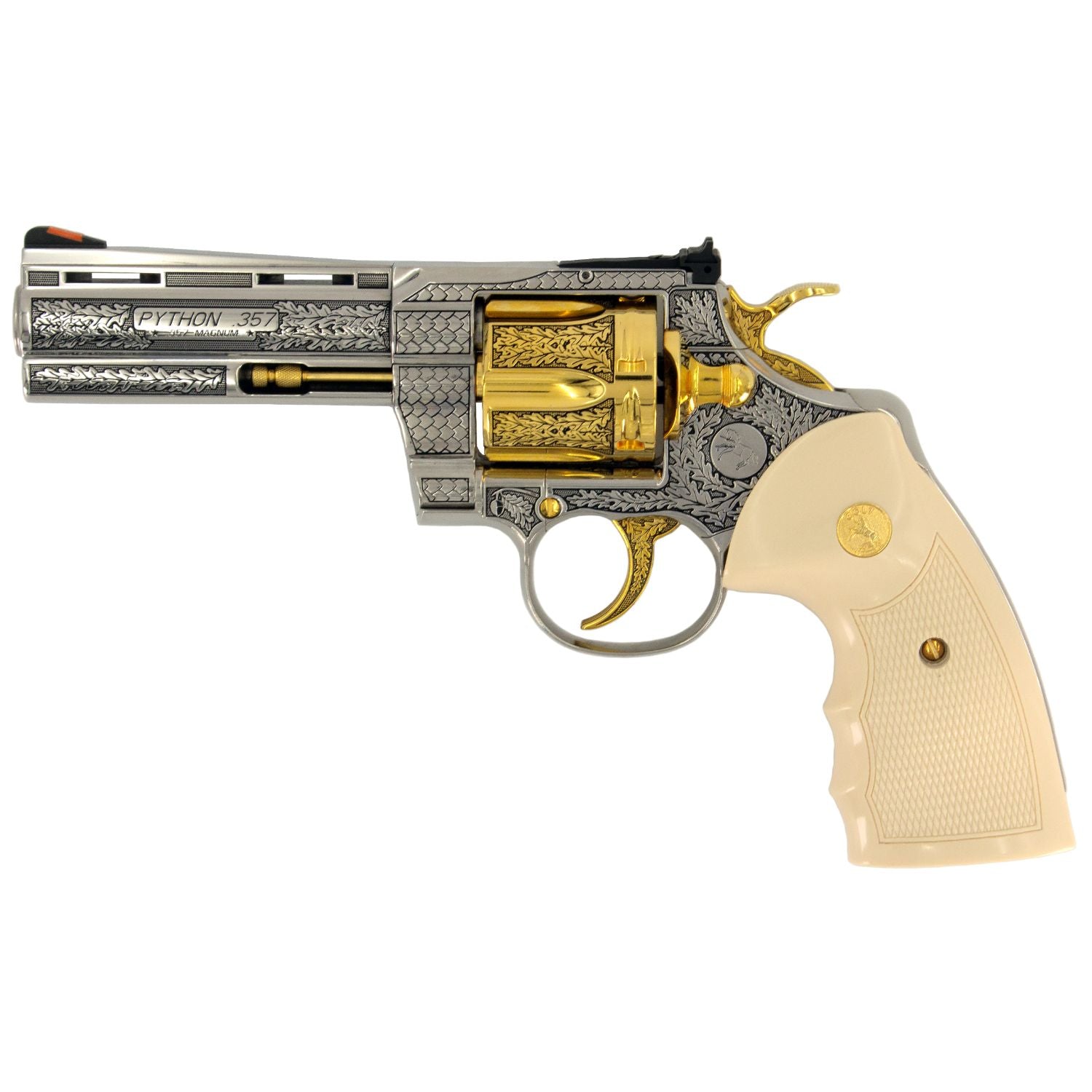 Colt Python, 4", .357 Magnum, 24 karat Gold Engraved High Polished Stainless Steel California Compliant, SKU: 7010466955366,  Gold Gun,  Gold Firearm, Engraved Firearm  