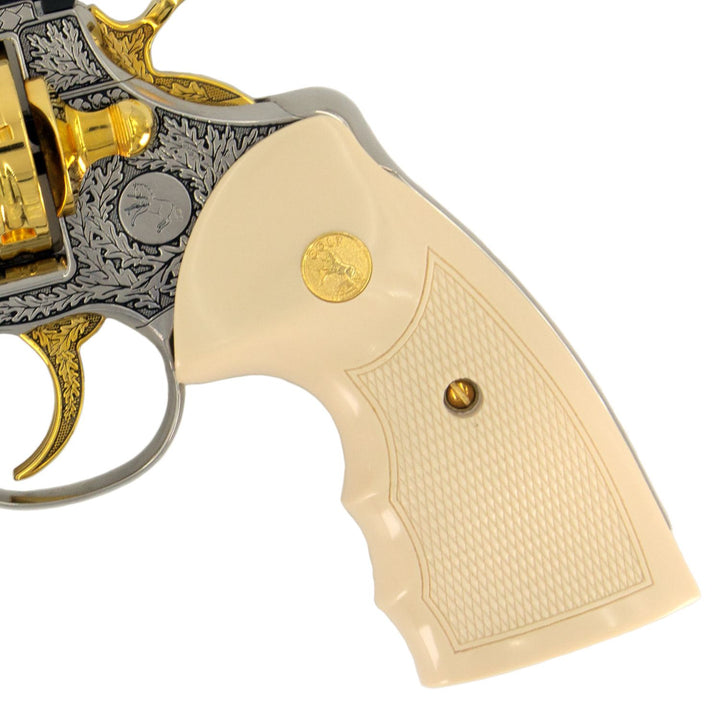 Colt Python, 4", .357 Magnum, 24 karat Gold Engraved High Polished Stainless Steel California Compliant, SKU: 7010466955366, Gold Gun, Gold Firearm, Engraved Firearm