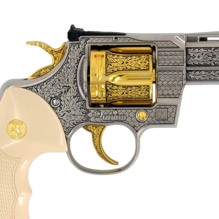 Colt Python, 4", .357 Magnum, 24 karat Gold Engraved High Polished Stainless Steel California Compliant, SKU: 7010466955366, Gold Gun, Gold Firearm, Engraved Firearm