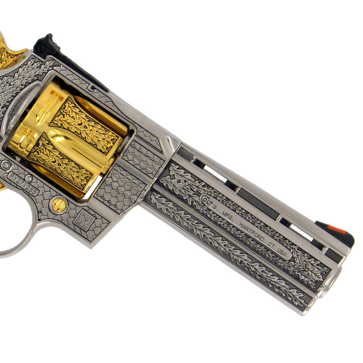 Colt Python, 4", .357 Magnum, 24 karat Gold Engraved High Polished Stainless Steel California Compliant, SKU: 7010466955366, Gold Gun, Gold Firearm, Engraved Firearm