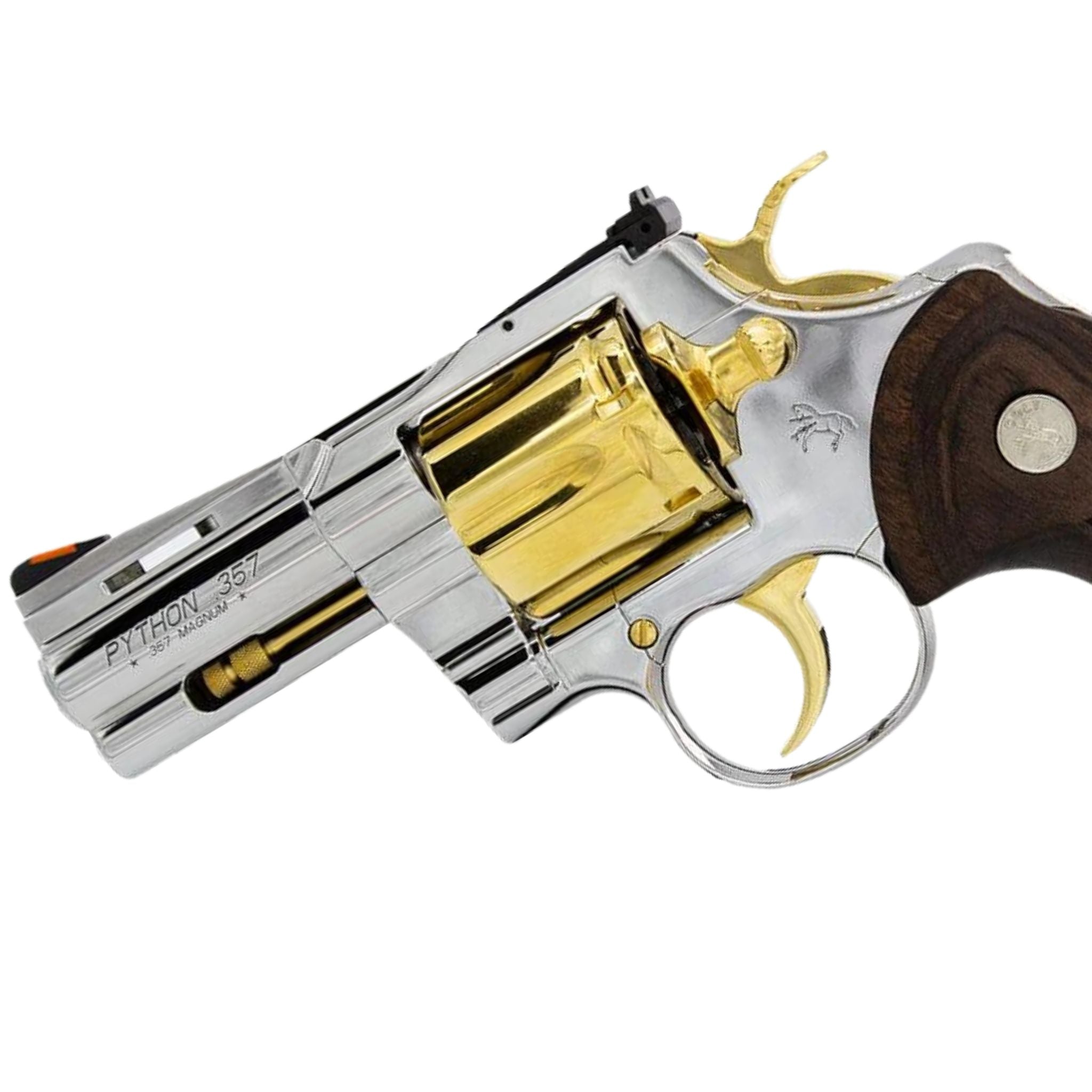 Colt Python,  3" .357 Magnum/38 Special, High Polished Stainless Steel with 24 karat Gold Accents SKU: 6705449730150, Gold Gun, gold firearm