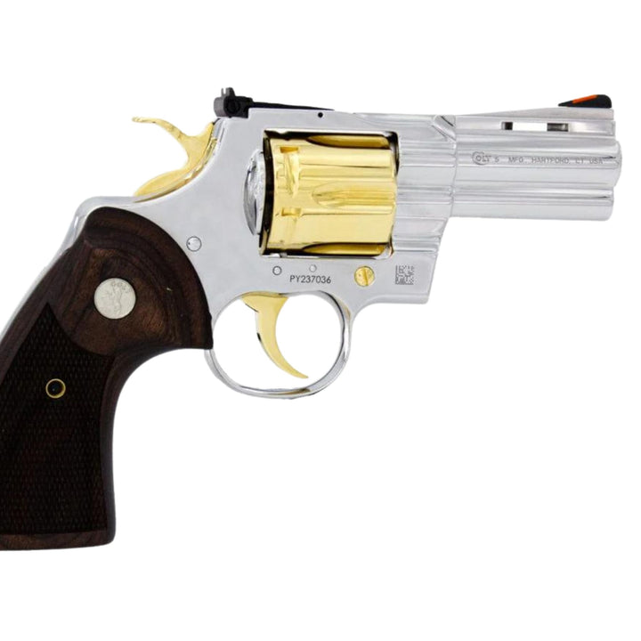 Colt Python, 3" .357 Magnum/38 Special, High Polished Stainless Steel with 24 karat Gold Accents SKU: 6705449730150, Gold Gun, gold firearm