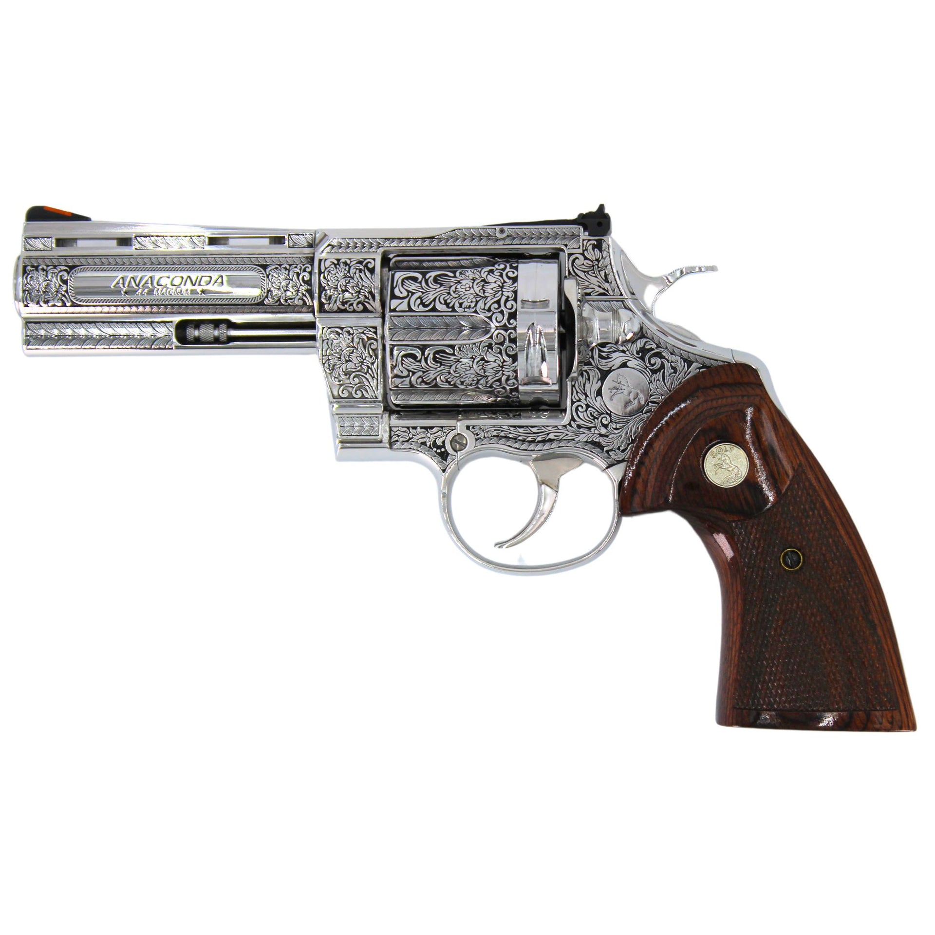 Colt Anaconda 4", .44 Magnum, Engraved High Polished Stainless Steel with Custom Gloss Varnish Wood Grips