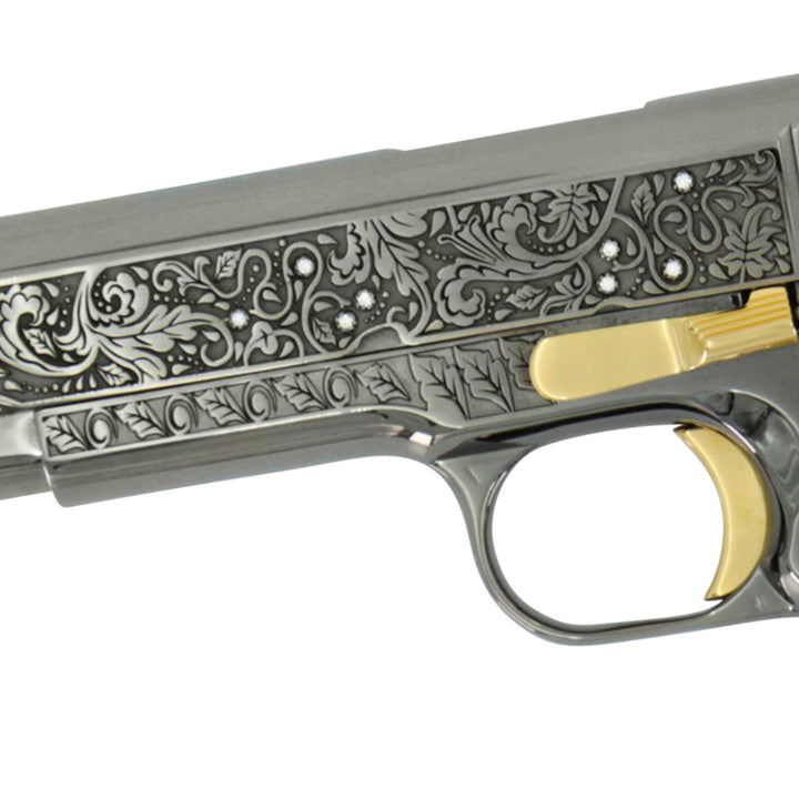 Colt 1911 Government, 45ACP, Vine & Berries Design With Diamonds, 24kt Gold Accents, SKU: 4335130935398, 24 karat gold gun, 24 Karat Gold Firearm