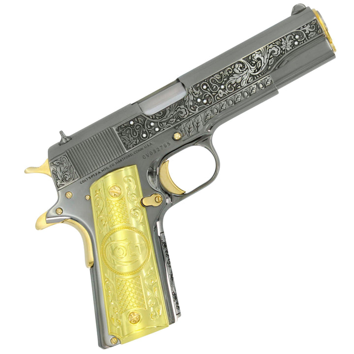 Colt 1911 Government, 45ACP, Vine & Berries Design With Diamonds, 24kt Gold Accents, SKU: 4335130935398, 24 karat gold gun, 24 Karat Gold Firearm