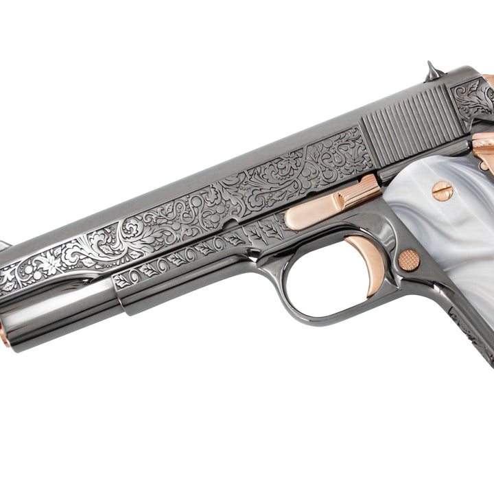 Colt 1911 Government, 45ACP, Vine and Berries Design, Black Chrome Finish With 18K Rose Gold Accents, SKU: 4654517125222, 18K Rose Gold gun, 18K Rose Gold Firearm