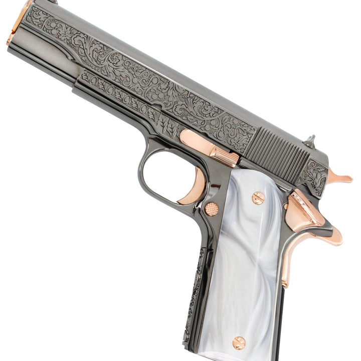 Colt 1911 Government, 45ACP, Vine and Berries Design, Black Chrome Finish With 18K Rose Gold Accents, SKU: 4654517125222, 18K Rose Gold gun, 18K Rose Gold Firearm