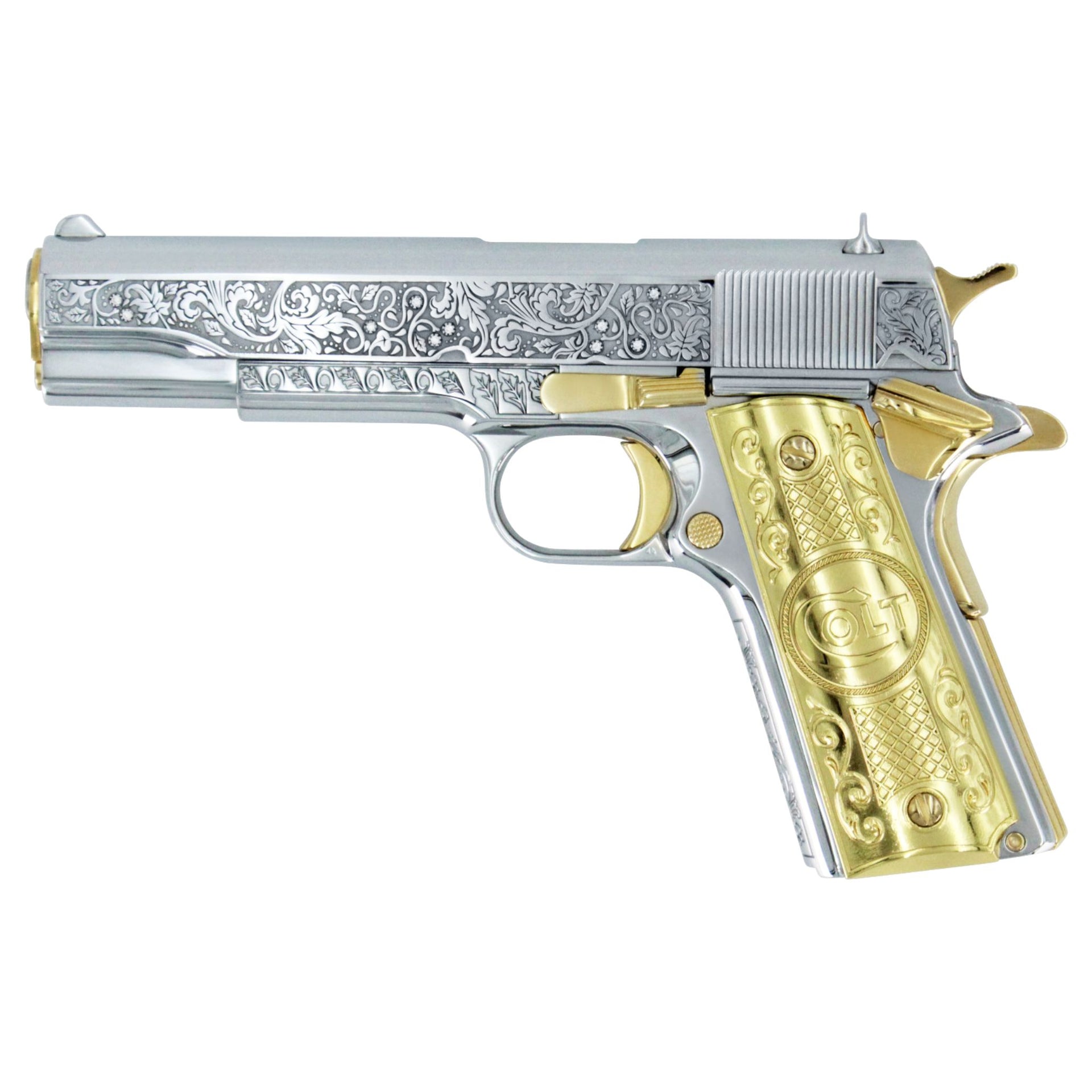 Colt 1911 Government, 45ACP, Vine & Berries Design with Diamonds, White Chrome, 24K Gold Plated Accents, SKU: 4958762434662, 24 karat gold gun, 24 Karat Gold Firearm